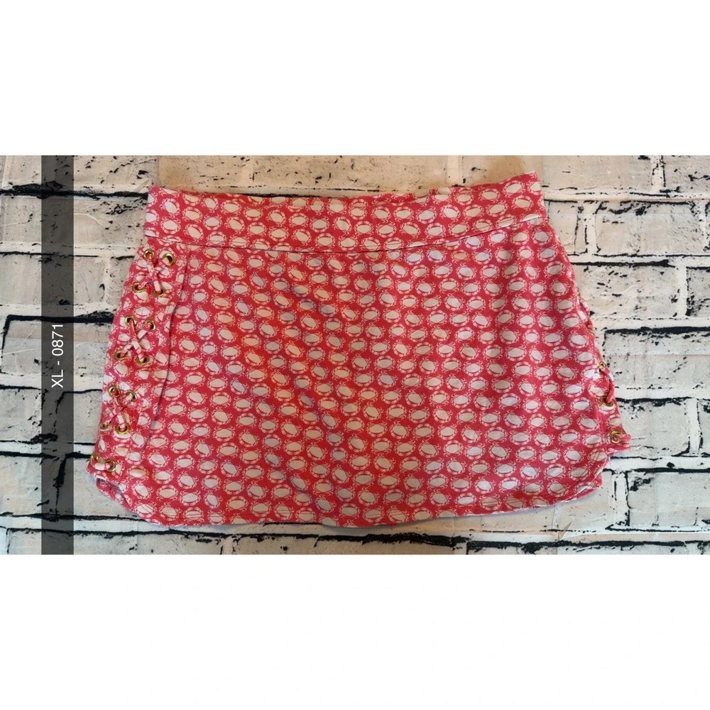Crown & Ivy Womens XL Coral Pink White Crab Print Lace Up Side Knit Skort